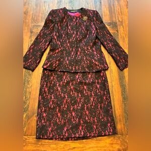 Albert Nipon Black and Pink Lace Skirt Suit Set